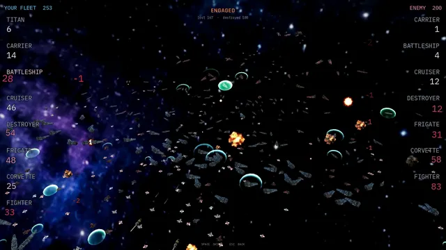 Opposing fleets exchange weapons fire in a space battle.