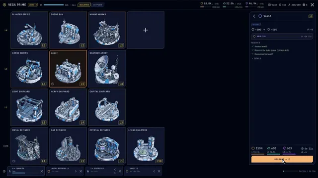 Station upgrade interface with development options and the sector map.